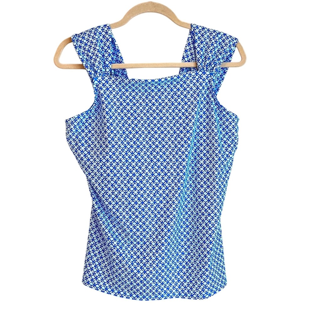 Lands End Tankini Top 14D Womens Geometric Pleated Strap Blue White Nautical